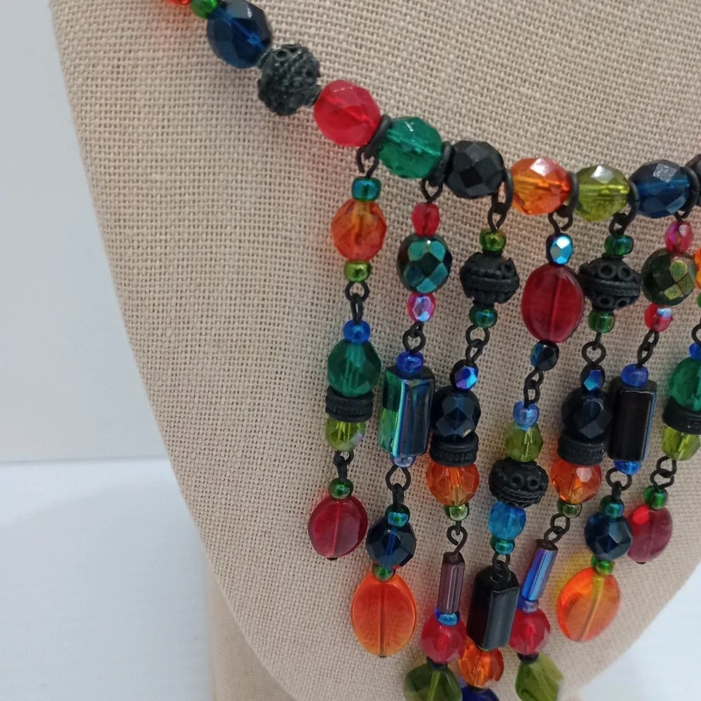 Chico's Colorful Beaded Fringe Necklace Boho Statement Bib